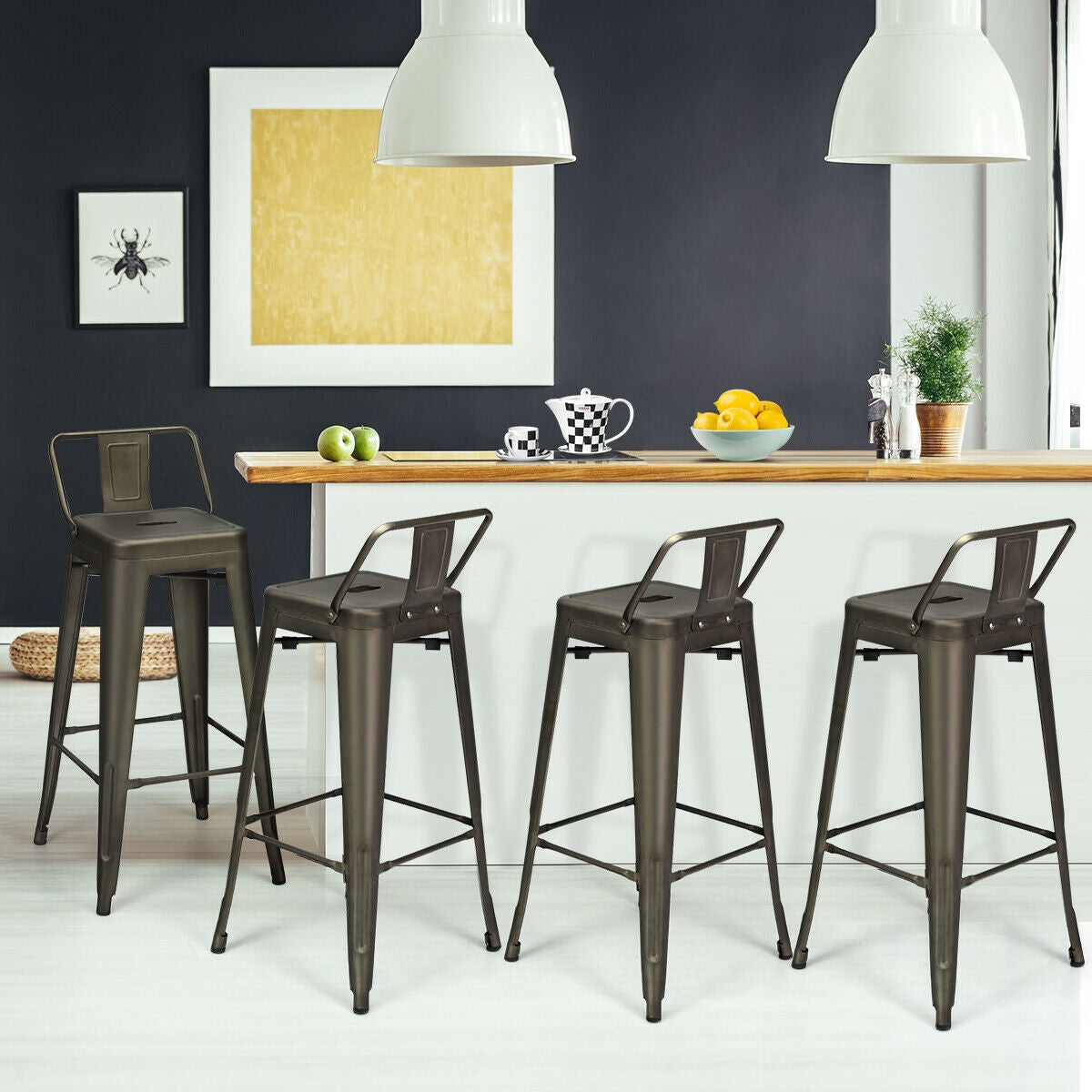 Set of 4 Metal 30 Inch Bar Stools with Low Backrest and Non-Slip Rubber Feet in Gunmetal Finish
