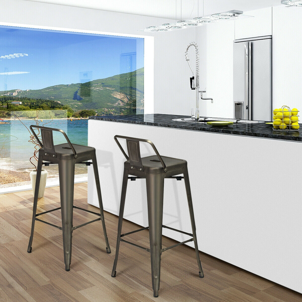 Set of 4 Metal 30 Inch Bar Stools with Low Backrest and Non-Slip Rubber Feet in Gunmetal Finish