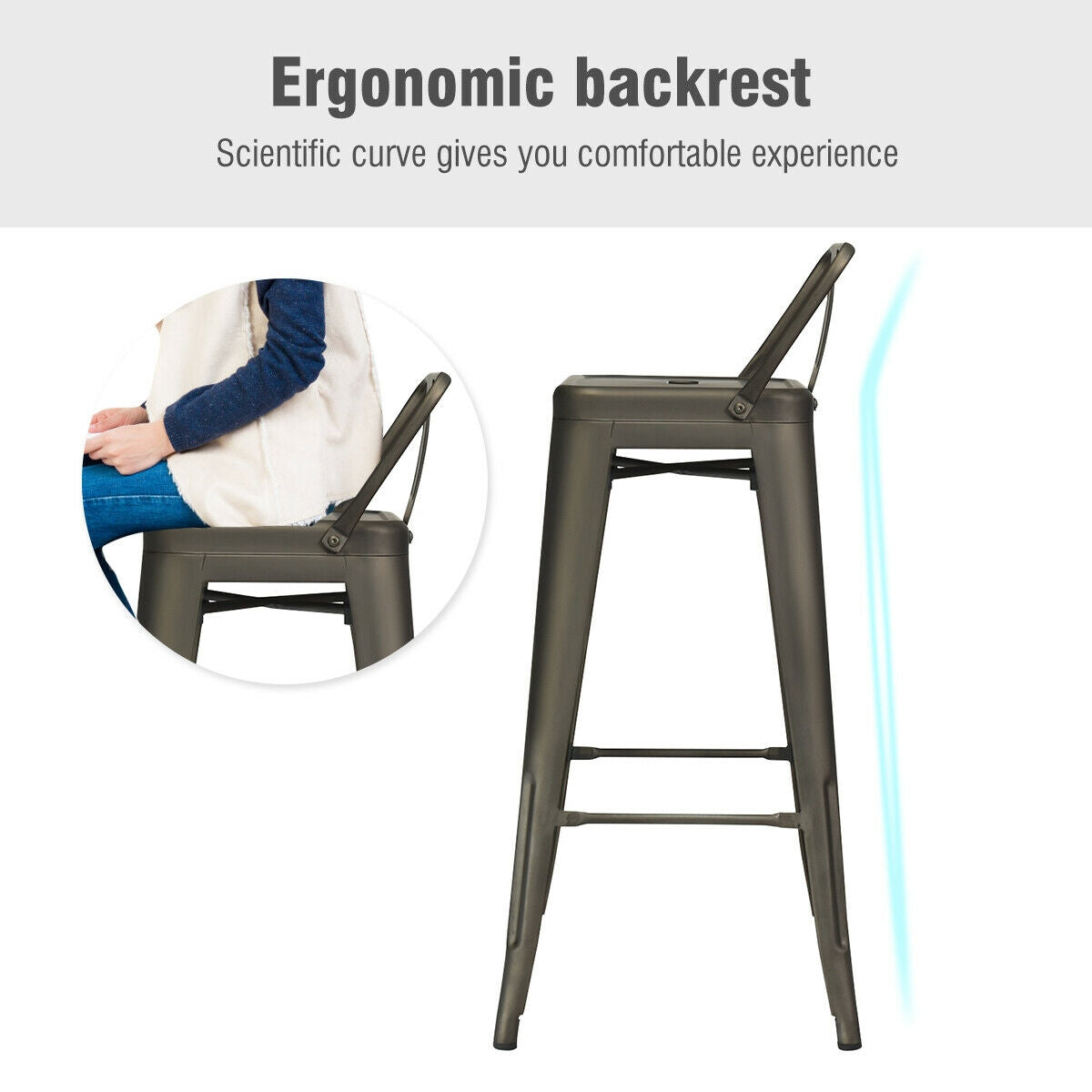 Set of 4 Metal 30 Inch Bar Stools with Low Backrest and Non-Slip Rubber Feet in Gunmetal Finish