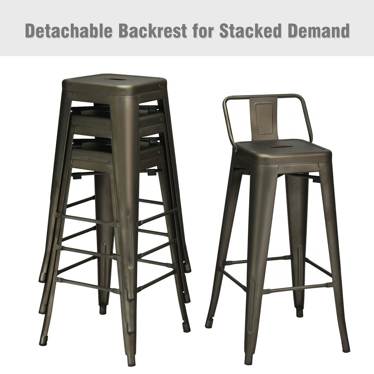 Set of 4 Metal 30 Inch Bar Stools with Low Backrest and Non-Slip Rubber Feet in Gunmetal Finish