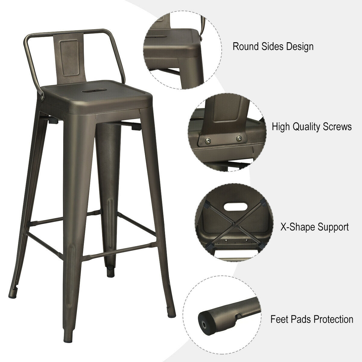 Set of 4 Metal 30 Inch Bar Stools with Low Backrest and Non-Slip Rubber Feet in Gunmetal Finish