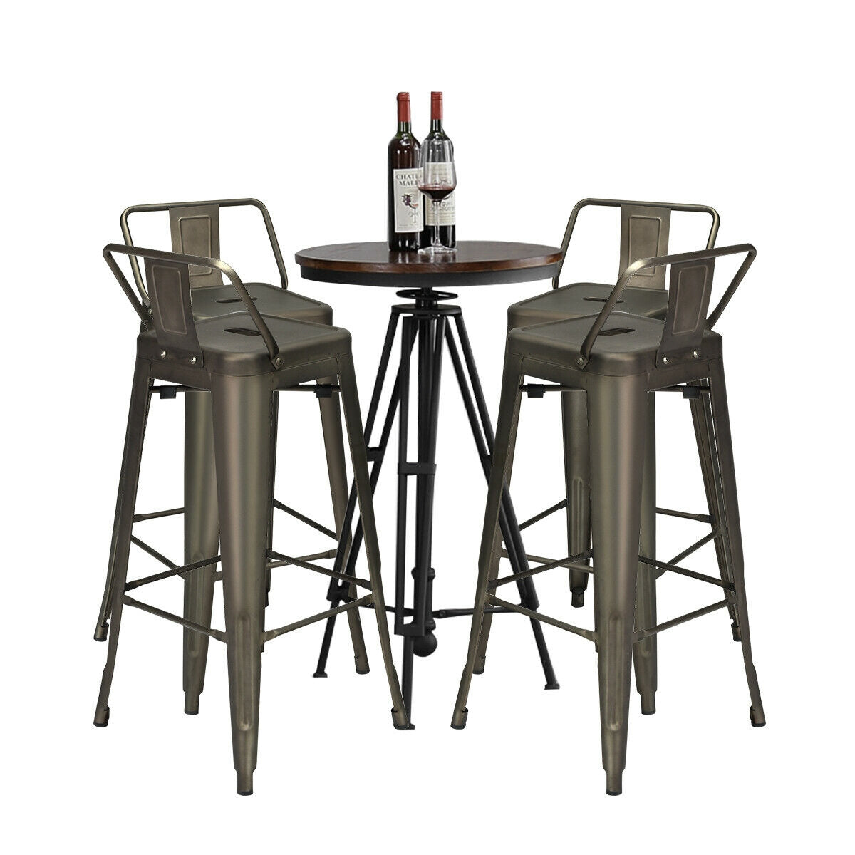 Set of 4 Metal 30 Inch Bar Stools with Low Backrest and Non-Slip Rubber Feet in Gunmetal Finish