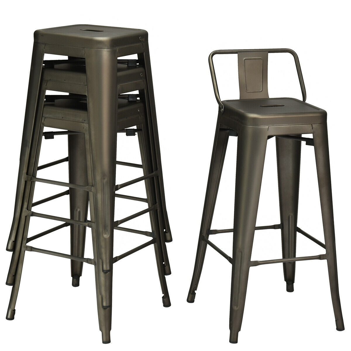 Set of 4 Metal 30 Inch Bar Stools with Low Backrest and Non-Slip Rubber Feet in Gunmetal Finish
