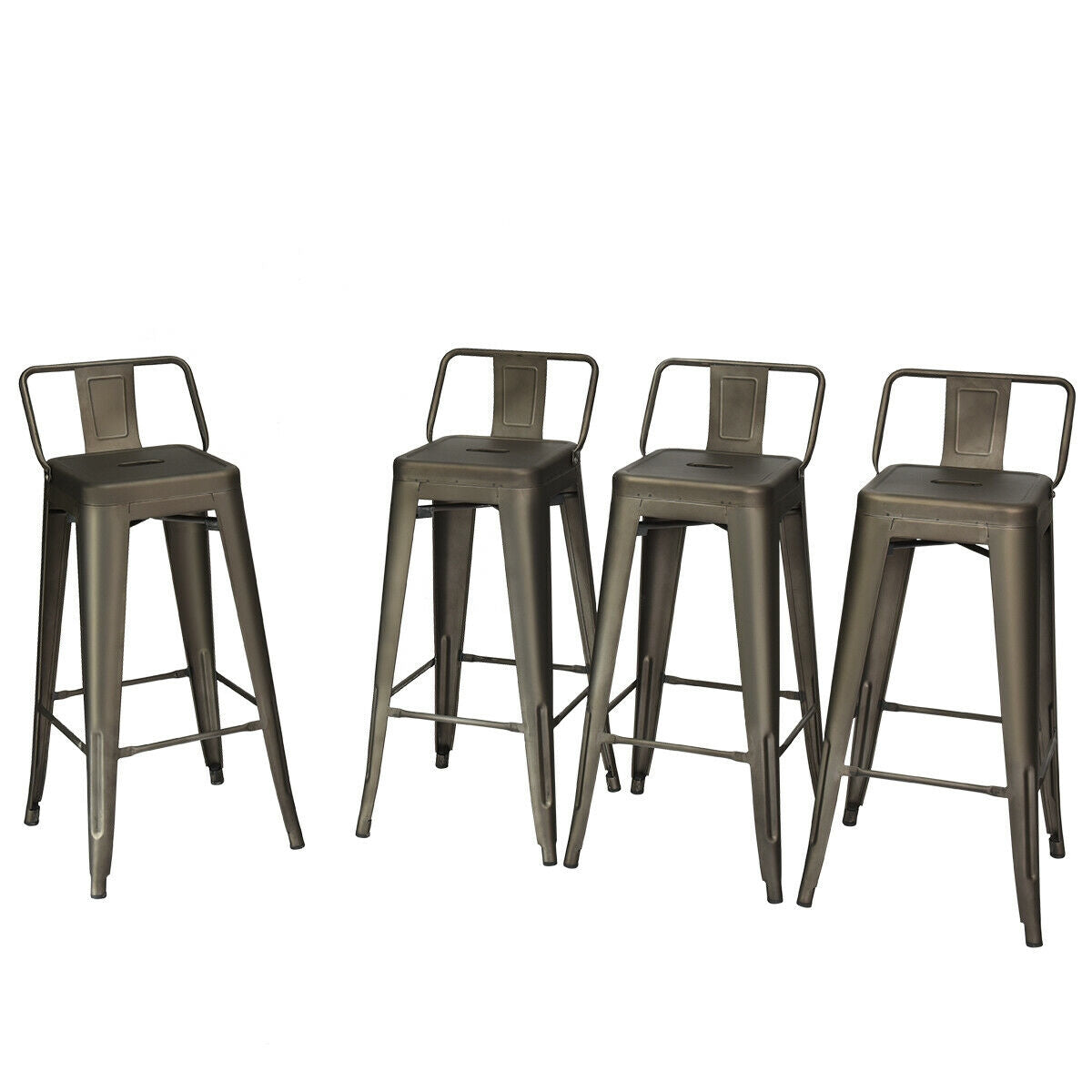 Set of 4 Metal 30 Inch Bar Stools with Low Backrest and Non-Slip Rubber Feet in Gunmetal Finish