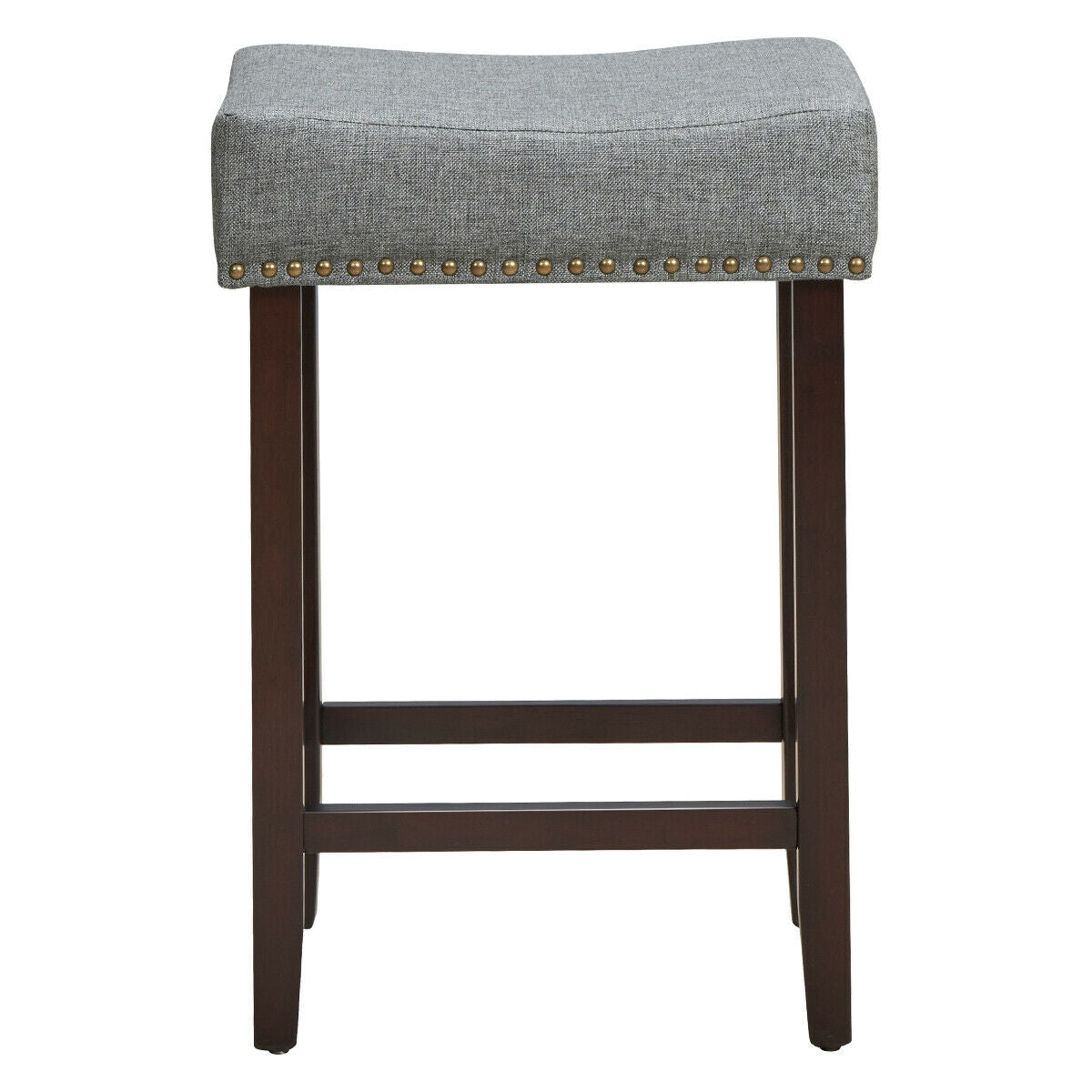 Set of 2 Upholstered 24 Inch Saddle Bar Stools with Nailhead Trim and Solid Wood Legs – Grey