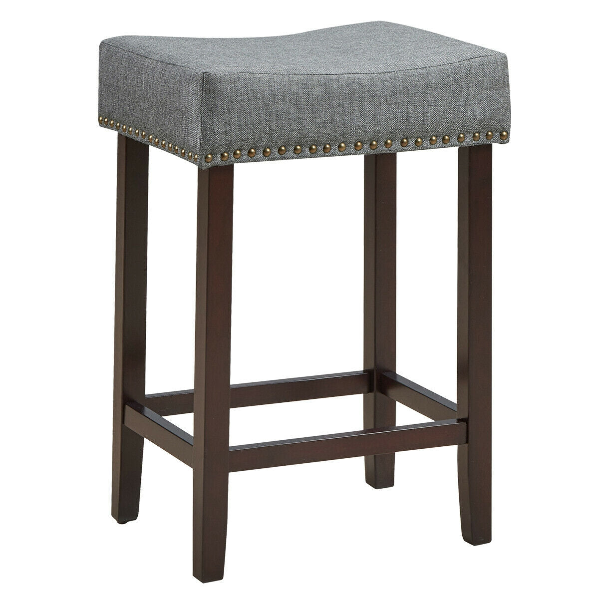Set of 2 Upholstered 24 Inch Saddle Bar Stools with Nailhead Trim and Solid Wood Legs – Grey