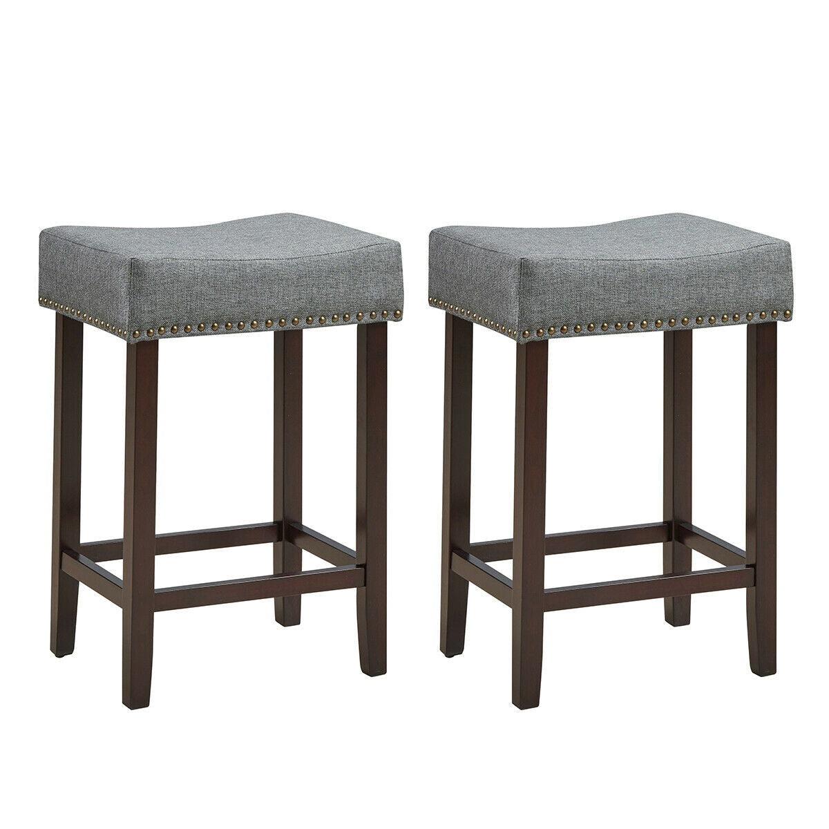 Set of 2 Upholstered 24 Inch Saddle Bar Stools with Nailhead Trim and Solid Wood Legs – Grey
