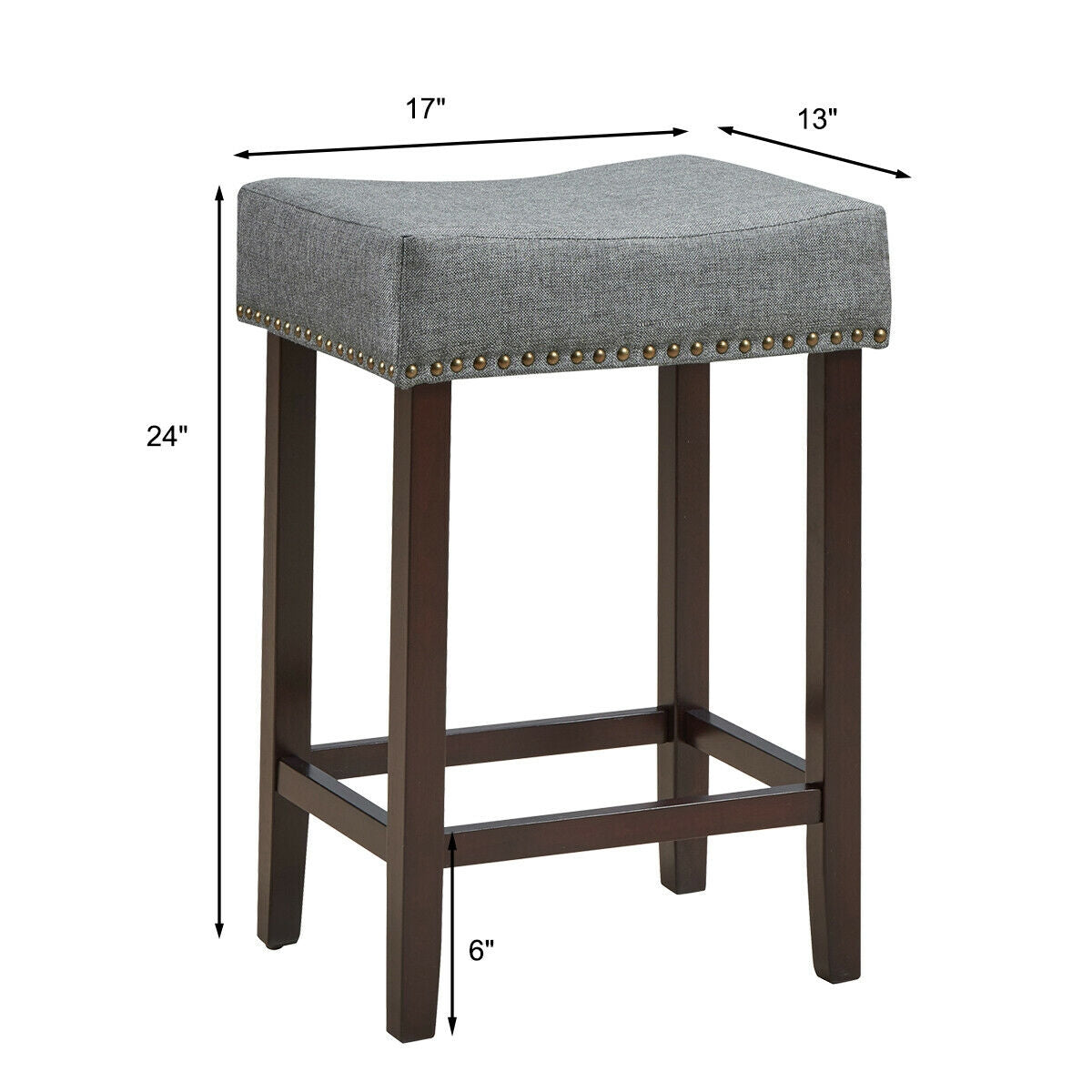 Set of 2 Upholstered 24 Inch Saddle Bar Stools with Nailhead Trim and Solid Wood Legs – Grey