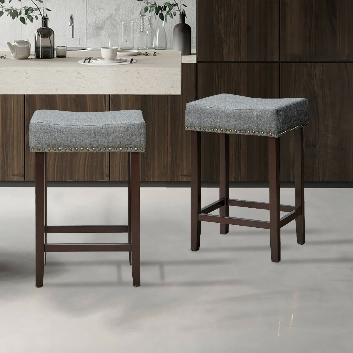 Set of 2 Upholstered 24 Inch Saddle Bar Stools with Nailhead Trim and Solid Wood Legs – Grey