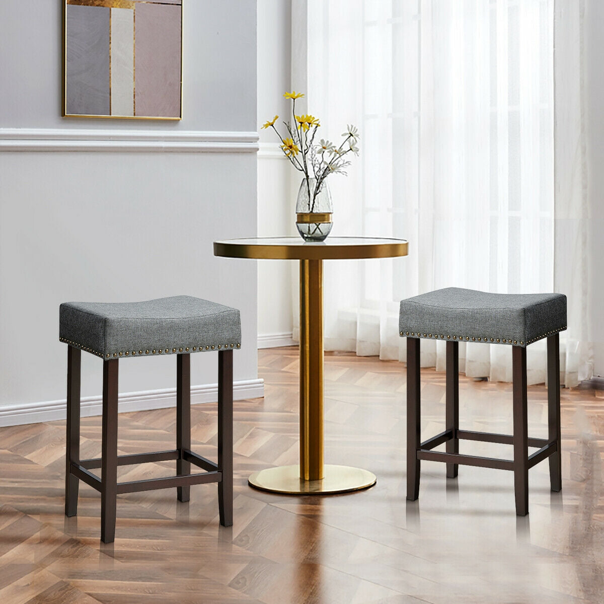 Set of 2 Upholstered 24 Inch Saddle Bar Stools with Nailhead Trim and Solid Wood Legs – Grey