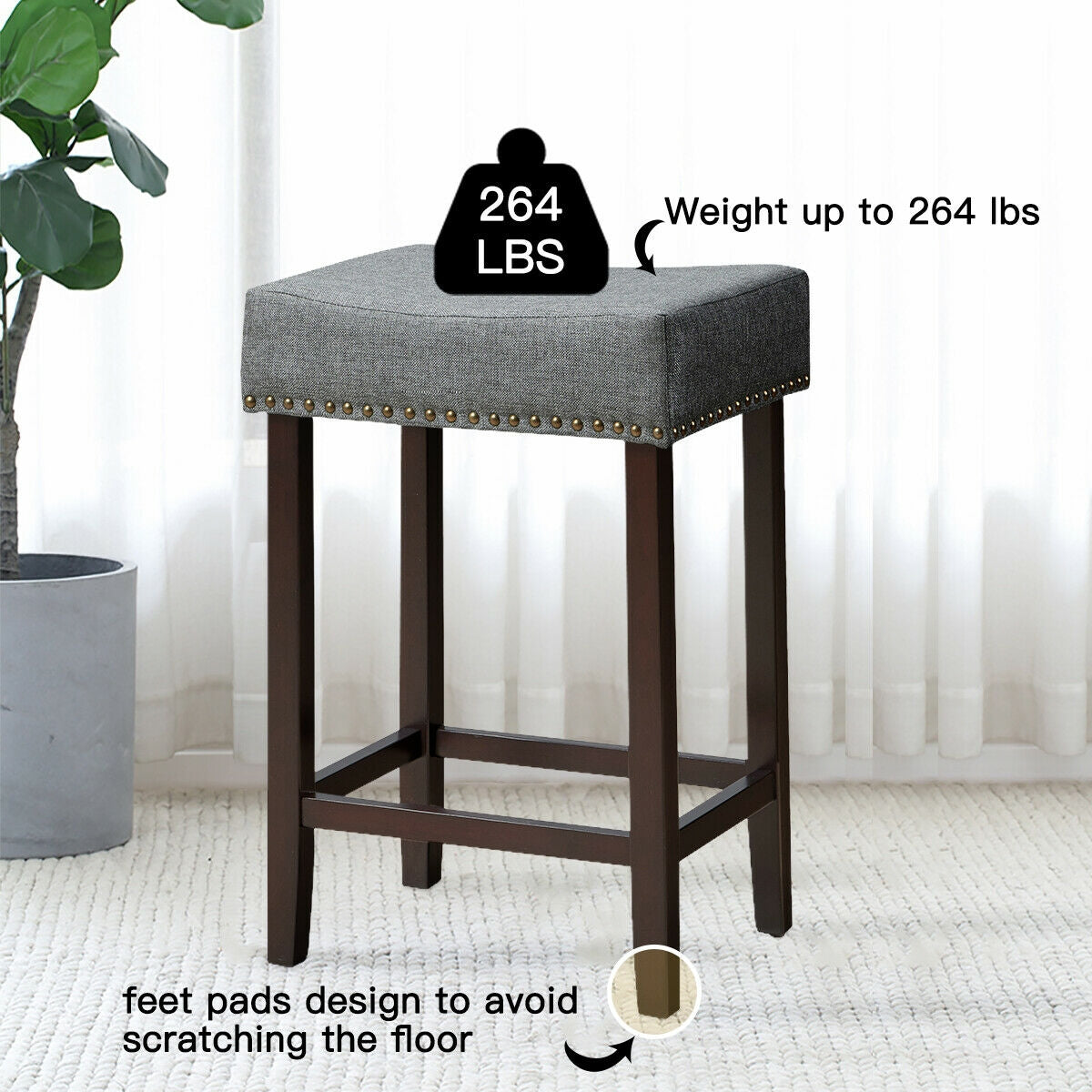 Set of 2 Upholstered 24 Inch Saddle Bar Stools with Nailhead Trim and Solid Wood Legs – Grey