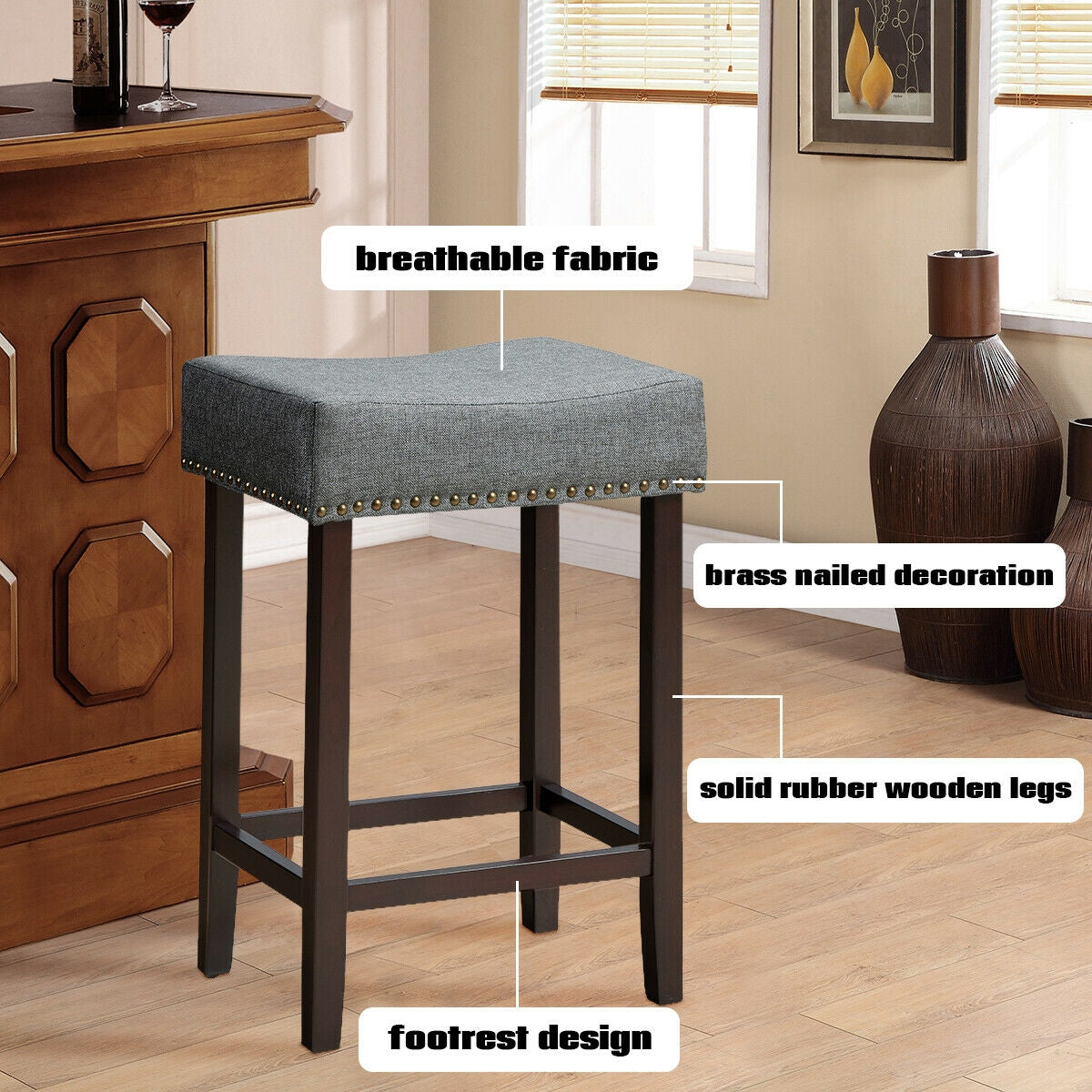 Set of 2 Upholstered 24 Inch Saddle Bar Stools with Nailhead Trim and Solid Wood Legs – Grey