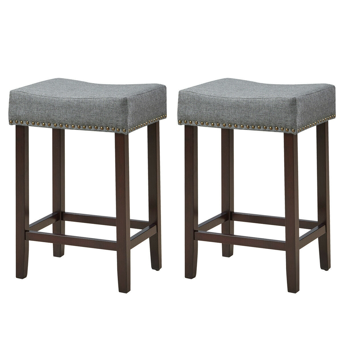 Set of 2 Upholstered 24 Inch Saddle Bar Stools with Nailhead Trim and Solid Wood Legs – Grey