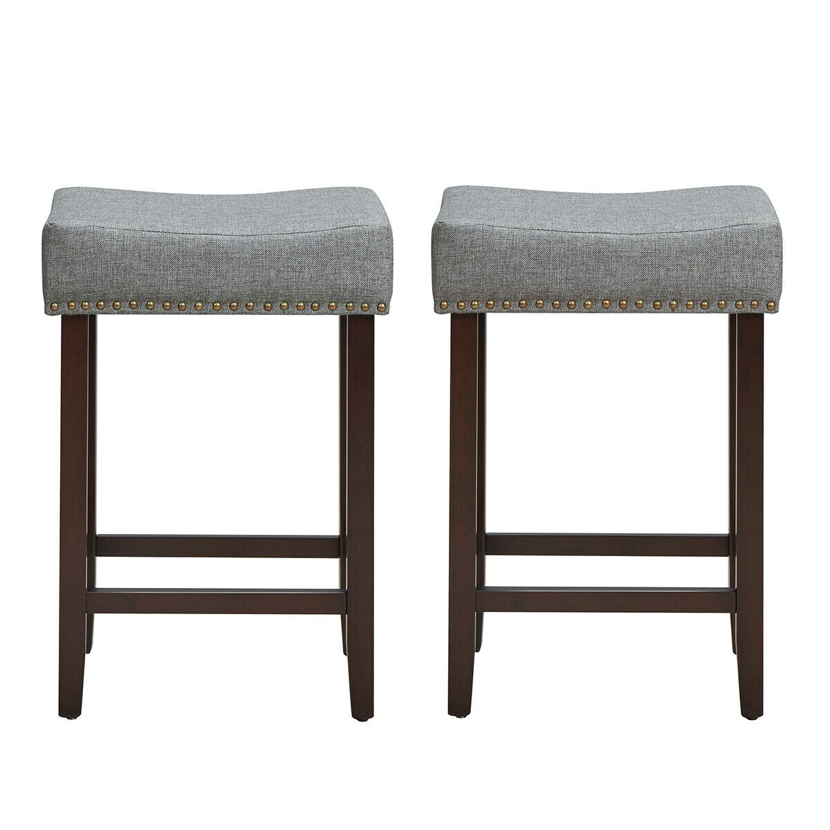 Set of 2 Upholstered 24 Inch Saddle Bar Stools with Nailhead Trim and Solid Wood Legs – Grey