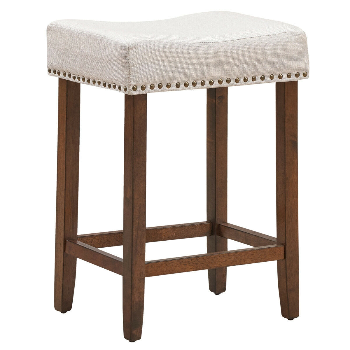 Set of 2 Upholstered 24 Inch Saddle Bar Stools with Nailhead Trim and Solid Wood Legs – Beige