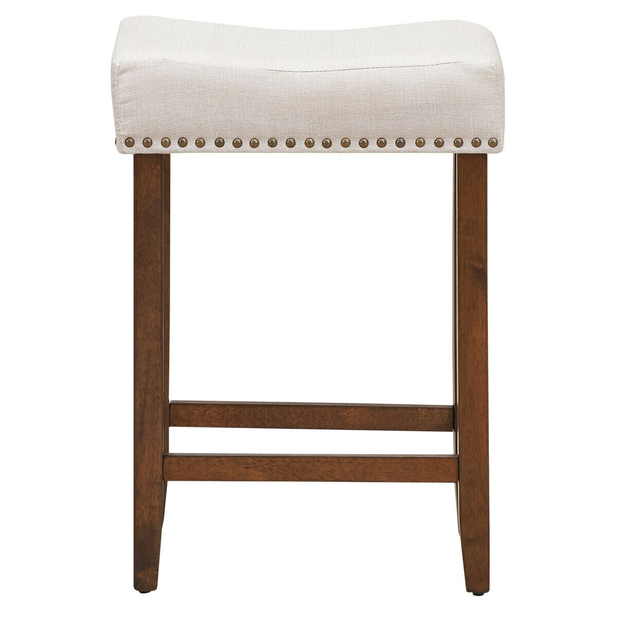 Set of 2 Upholstered 24 Inch Saddle Bar Stools with Nailhead Trim and Solid Wood Legs – Beige