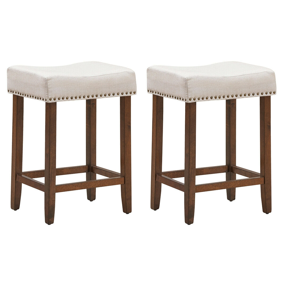 Set of 2 Upholstered 24 Inch Saddle Bar Stools with Nailhead Trim and Solid Wood Legs – Beige