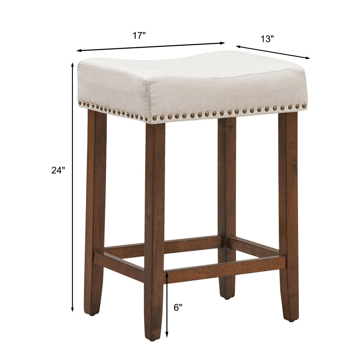 Set of 2 Upholstered 24 Inch Saddle Bar Stools with Nailhead Trim and Solid Wood Legs – Beige