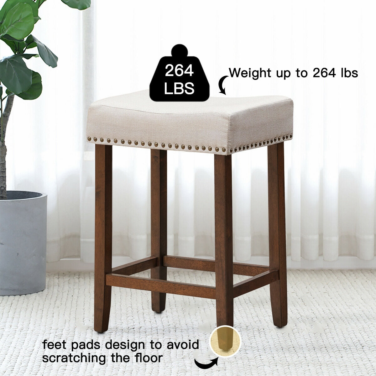 Set of 2 Upholstered 24 Inch Saddle Bar Stools with Nailhead Trim and Solid Wood Legs – Beige