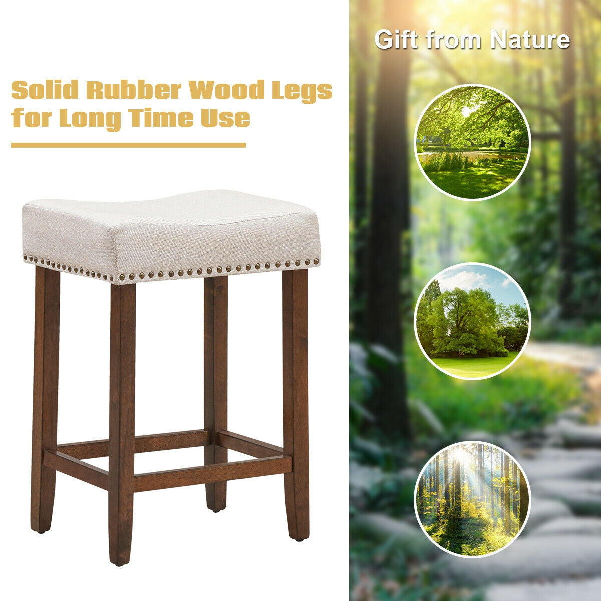 Set of 2 Upholstered 24 Inch Saddle Bar Stools with Nailhead Trim and Solid Wood Legs – Beige