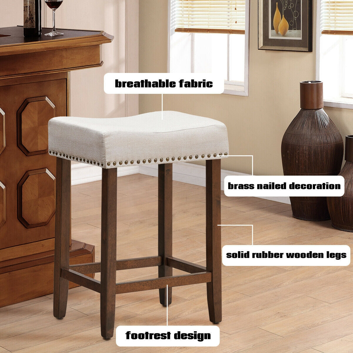 Set of 2 Upholstered 24 Inch Saddle Bar Stools with Nailhead Trim and Solid Wood Legs – Beige