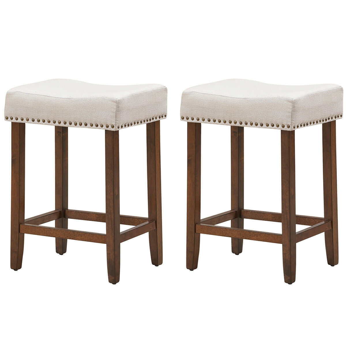 Set of 2 Upholstered 24 Inch Saddle Bar Stools with Nailhead Trim and Solid Wood Legs – Beige