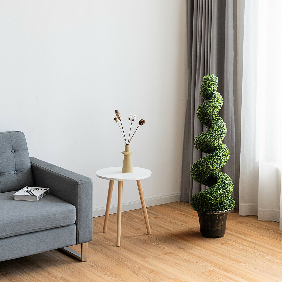 4 Feet Artificial Boxwood Spiral Tree with Natural Trunks and PVC Leaves for Indoor & Outdoor Decoration
