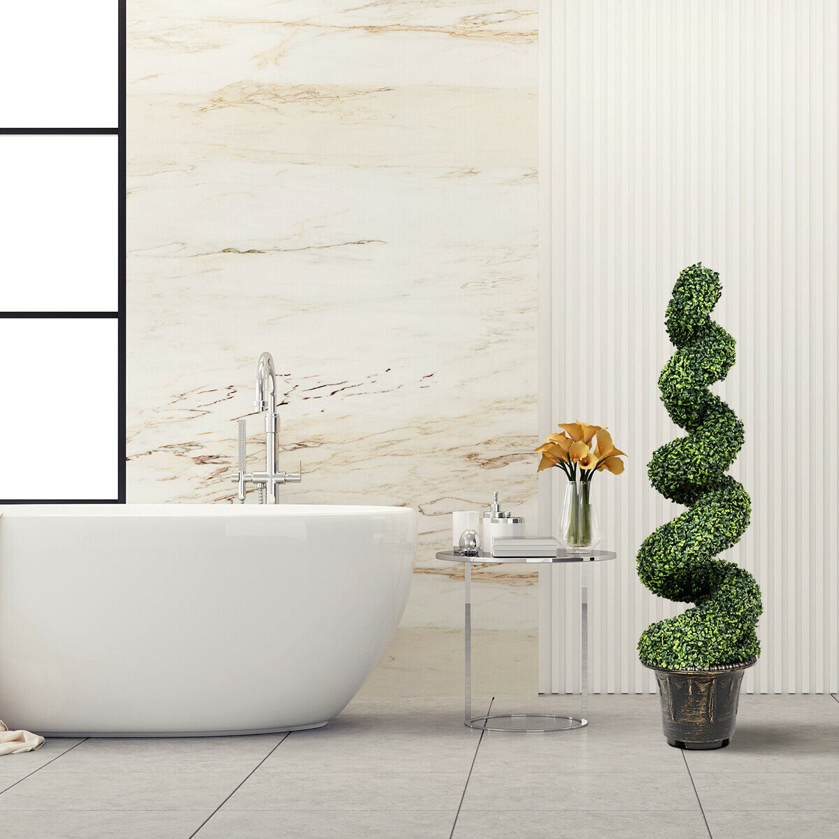4 Feet Artificial Boxwood Spiral Tree with Natural Trunks and PVC Leaves for Indoor & Outdoor Decoration