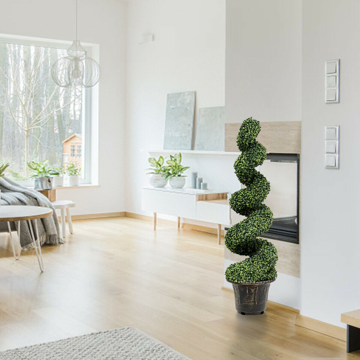 4 Feet Artificial Boxwood Spiral Tree with Natural Trunks and PVC Leaves for Indoor & Outdoor Decoration