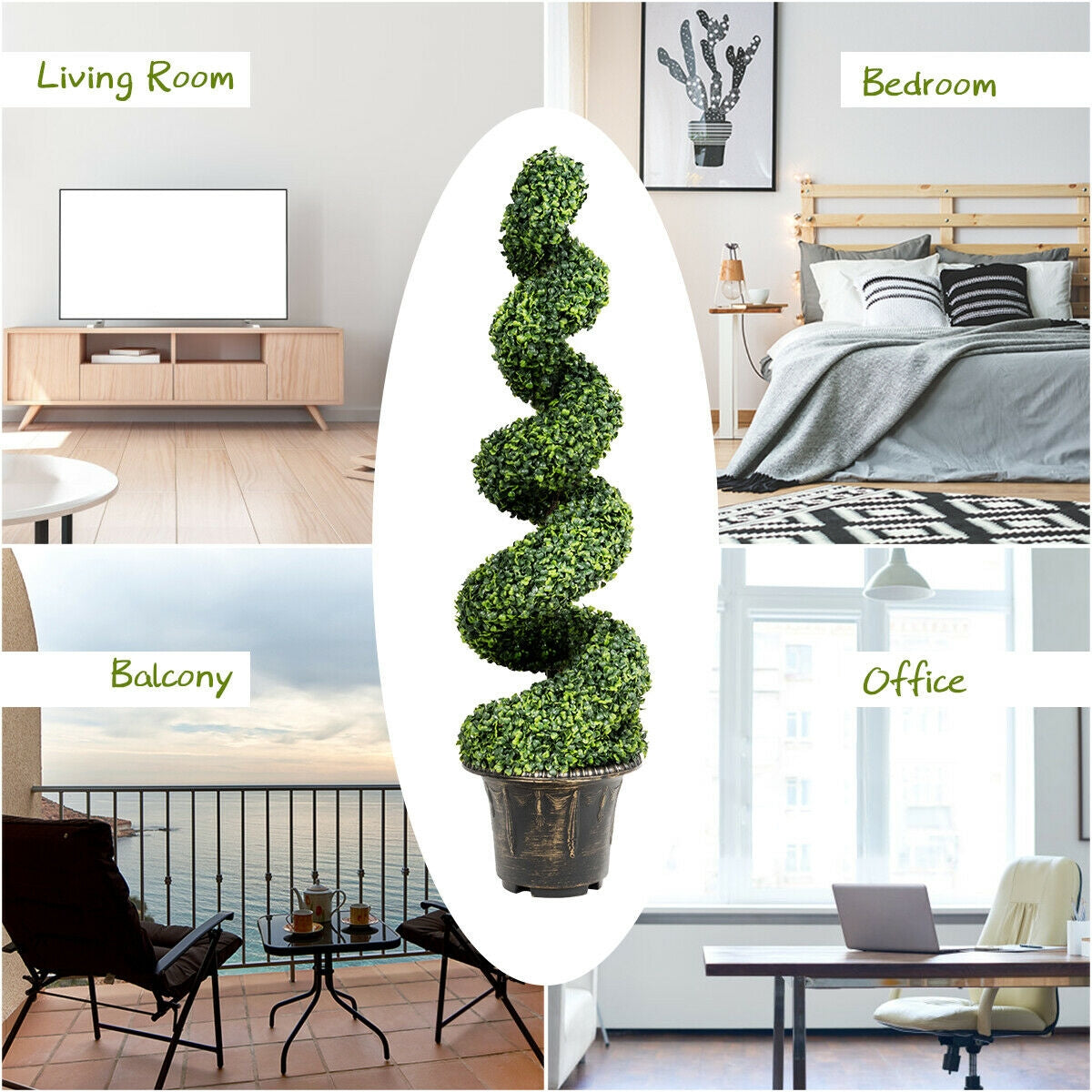 4 Feet Artificial Boxwood Spiral Tree with Natural Trunks and PVC Leaves for Indoor & Outdoor Decoration