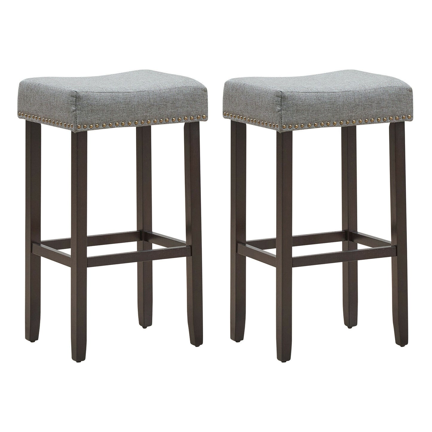 Set of 2 Upholstered 29 Inch Saddle Bar Stools with Nailhead Trim and Solid Wood Legs – Grey