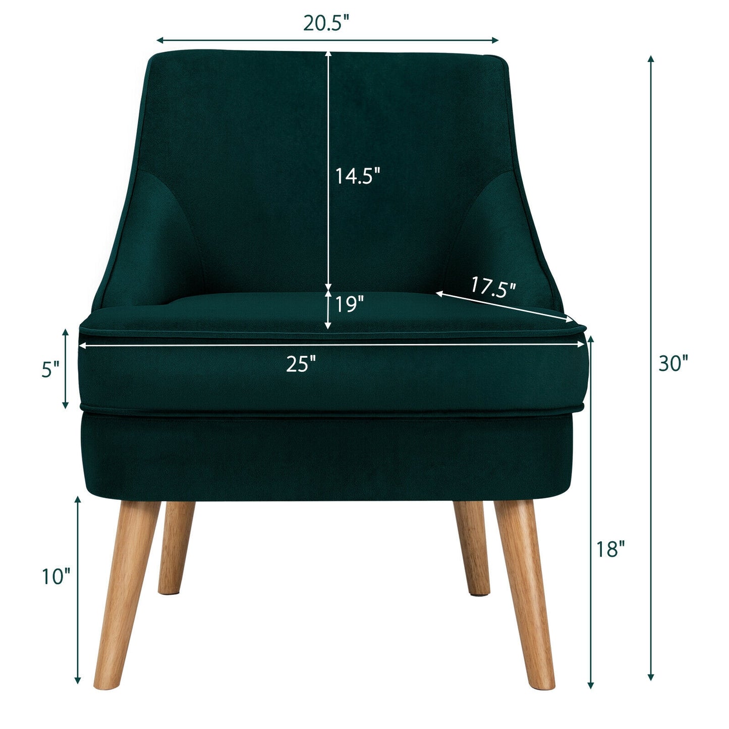 Modern Upholstered Armchair with Ergonomic Backrest and Wood Legs - Green
