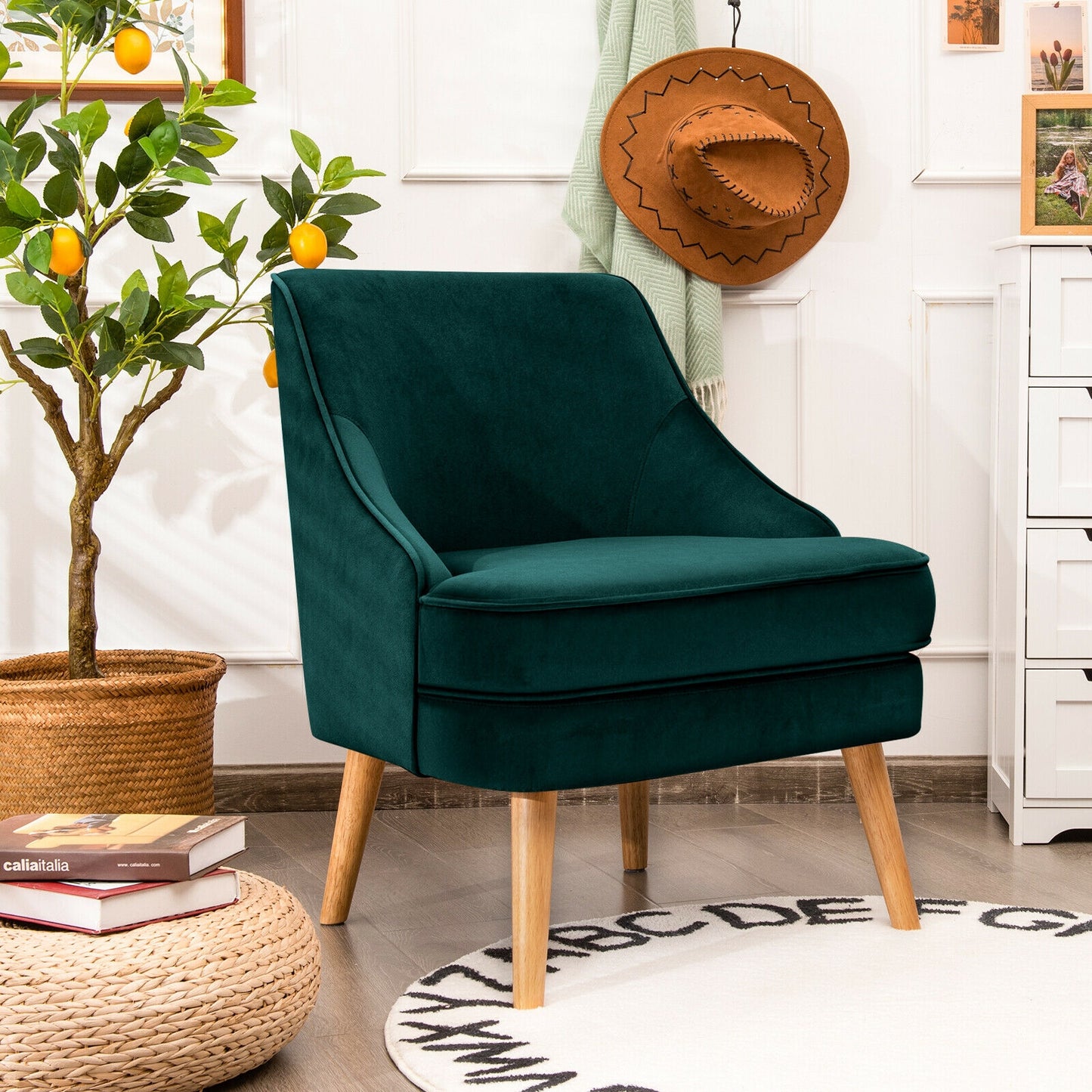 Modern Upholstered Armchair with Ergonomic Backrest and Wood Legs - Green
