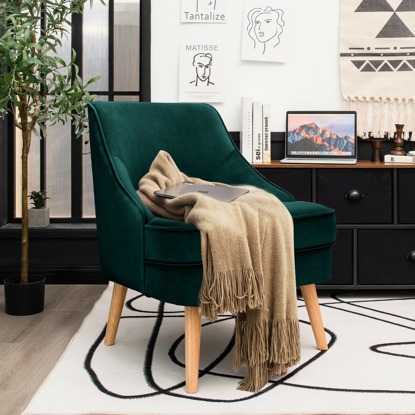 Modern Upholstered Armchair with Ergonomic Backrest and Wood Legs - Green