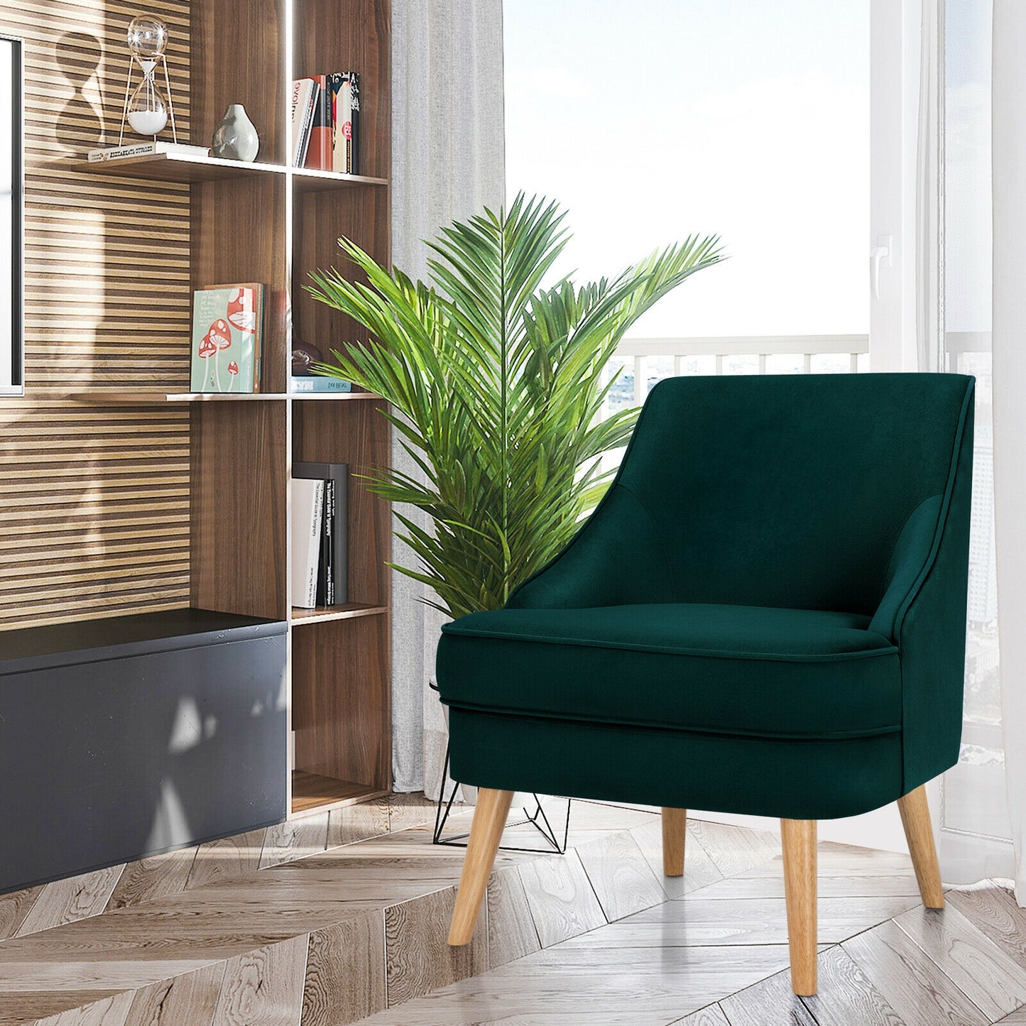 Modern Upholstered Armchair with Ergonomic Backrest and Wood Legs - Green