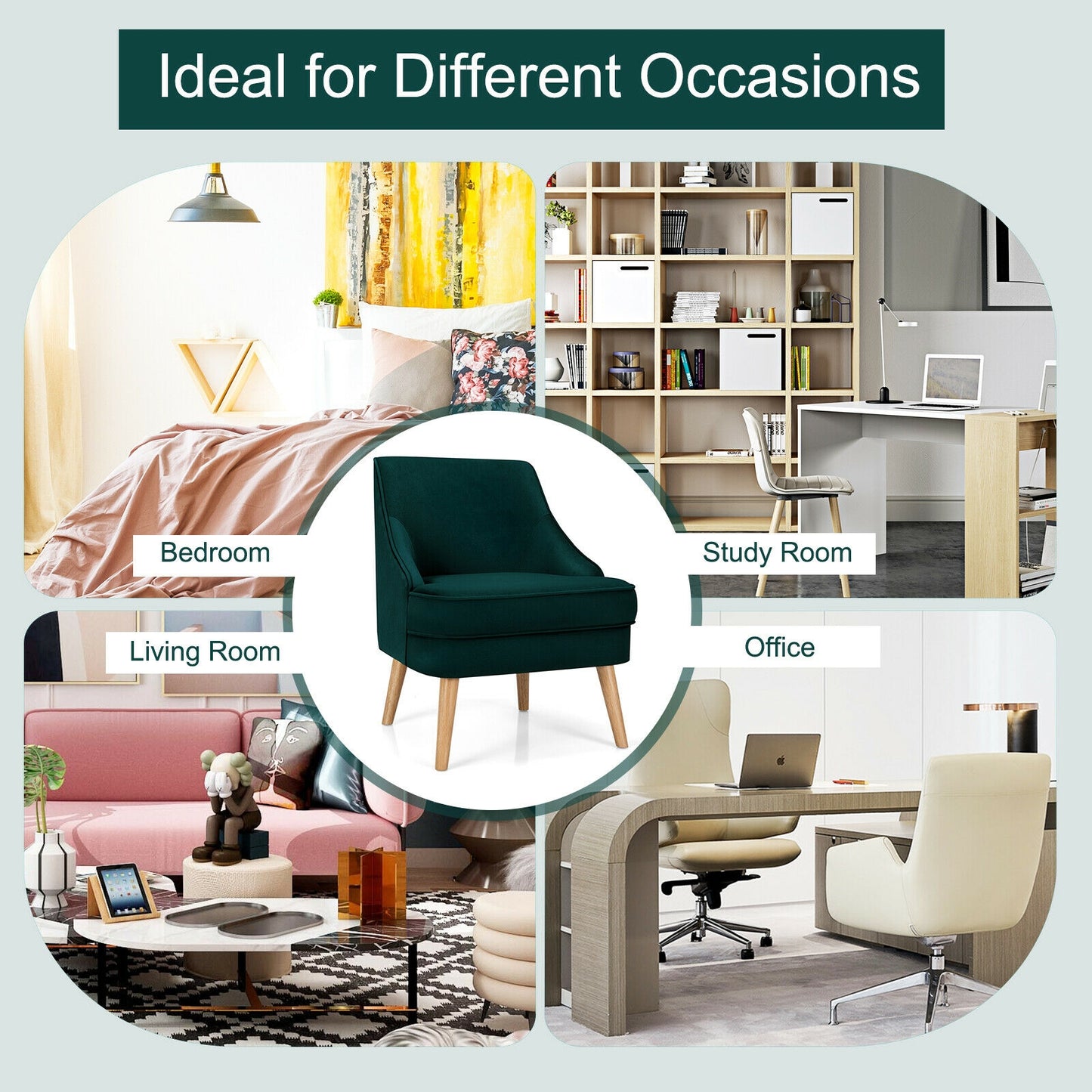 Modern Upholstered Armchair with Ergonomic Backrest and Wood Legs - Green