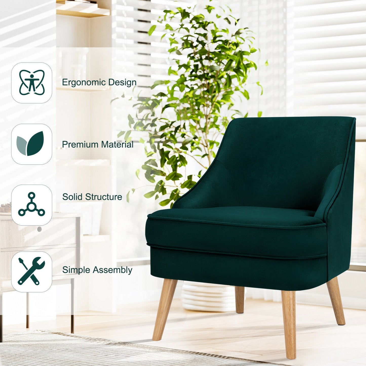 Modern Upholstered Armchair with Ergonomic Backrest and Wood Legs - Green