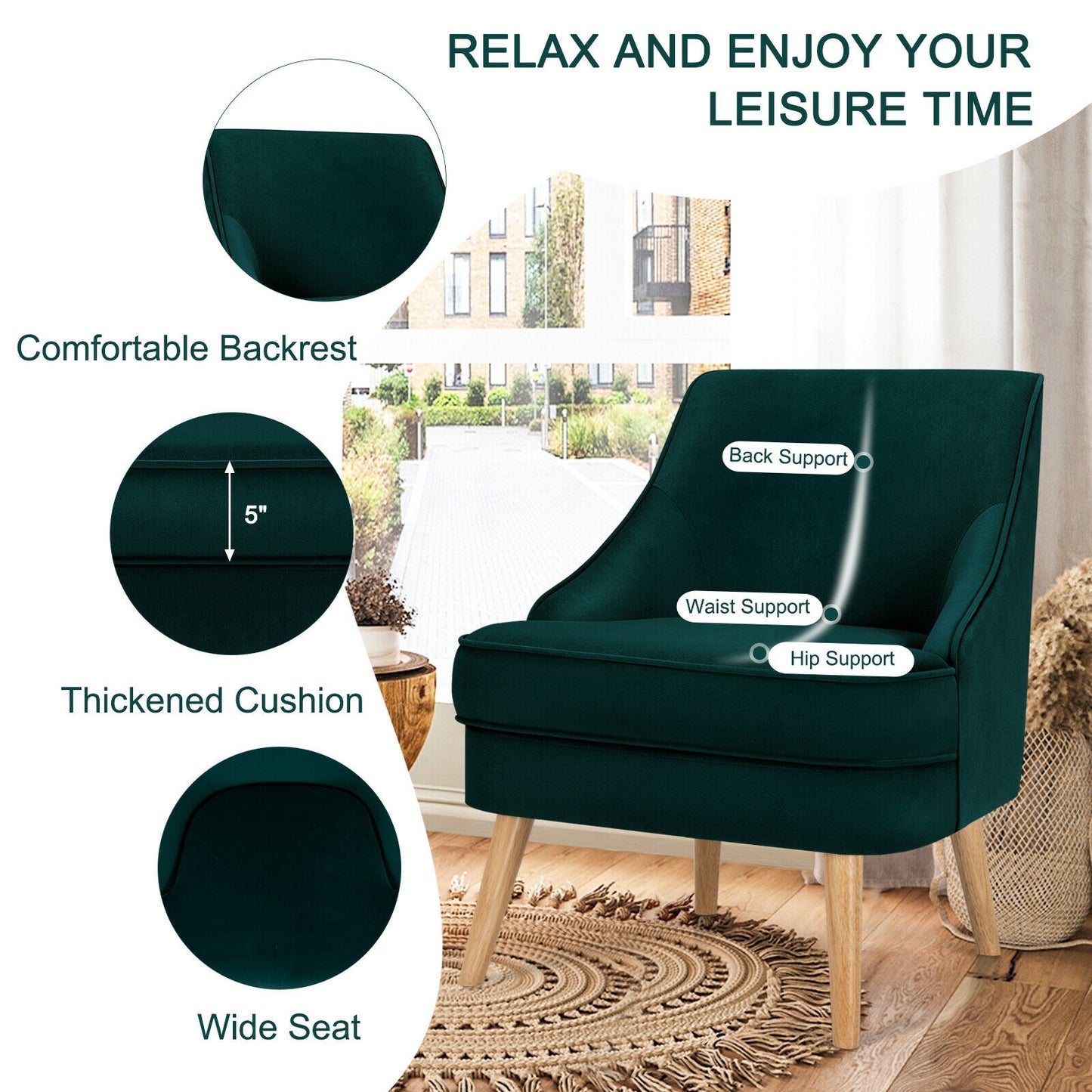 Modern Upholstered Armchair with Ergonomic Backrest and Wood Legs - Green