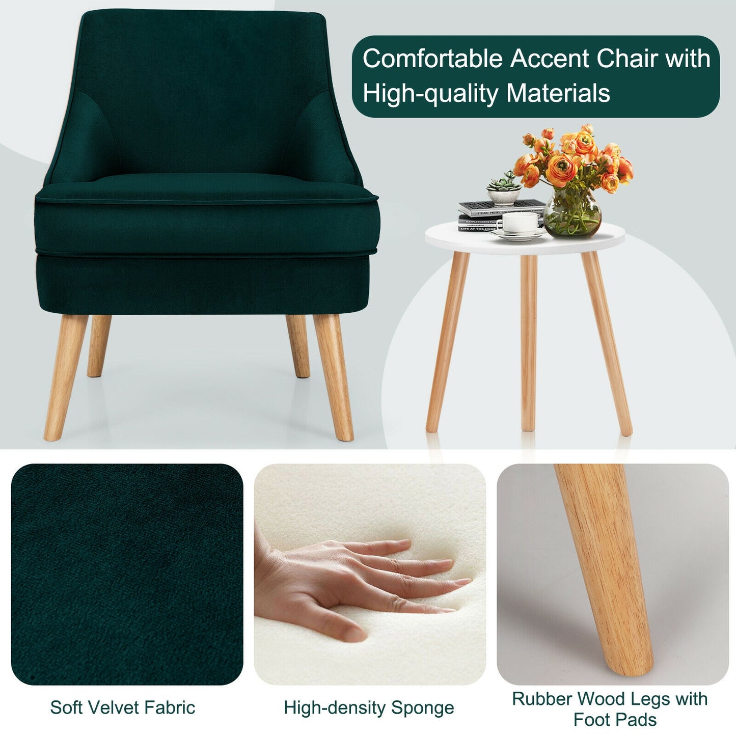 Modern Upholstered Armchair with Ergonomic Backrest and Wood Legs - Green