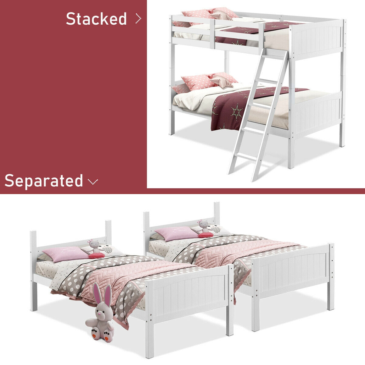 Convertible Twin Bunk Bed to 2 Individual Wooden Beds - White
