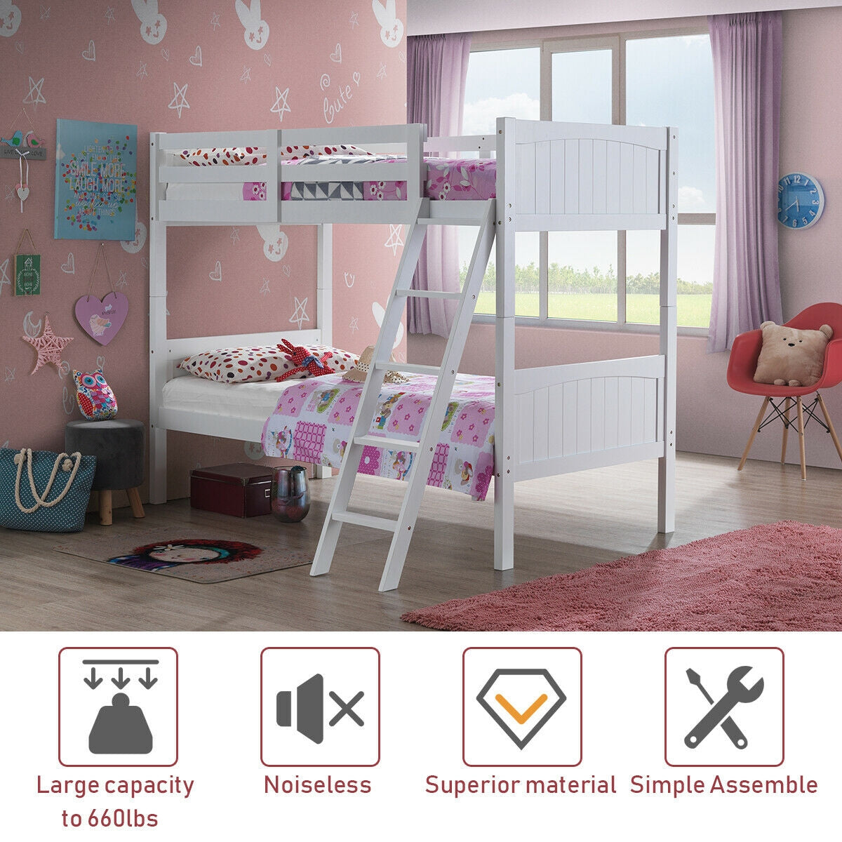 Convertible Twin Bunk Bed to 2 Individual Wooden Beds - White
