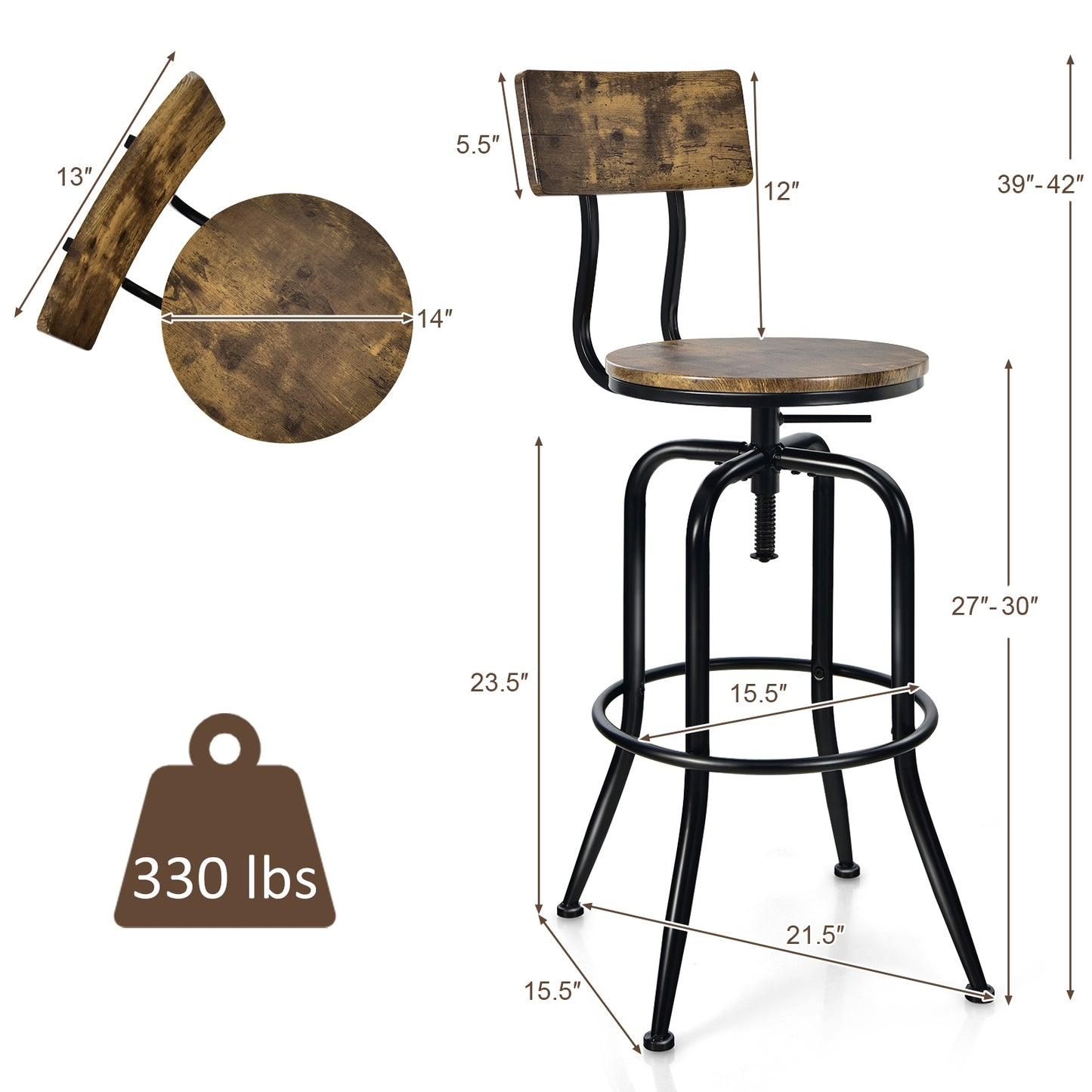 Set of 2 Swivel Adjustable Counter Stools with Ergonomic Arc Backrest