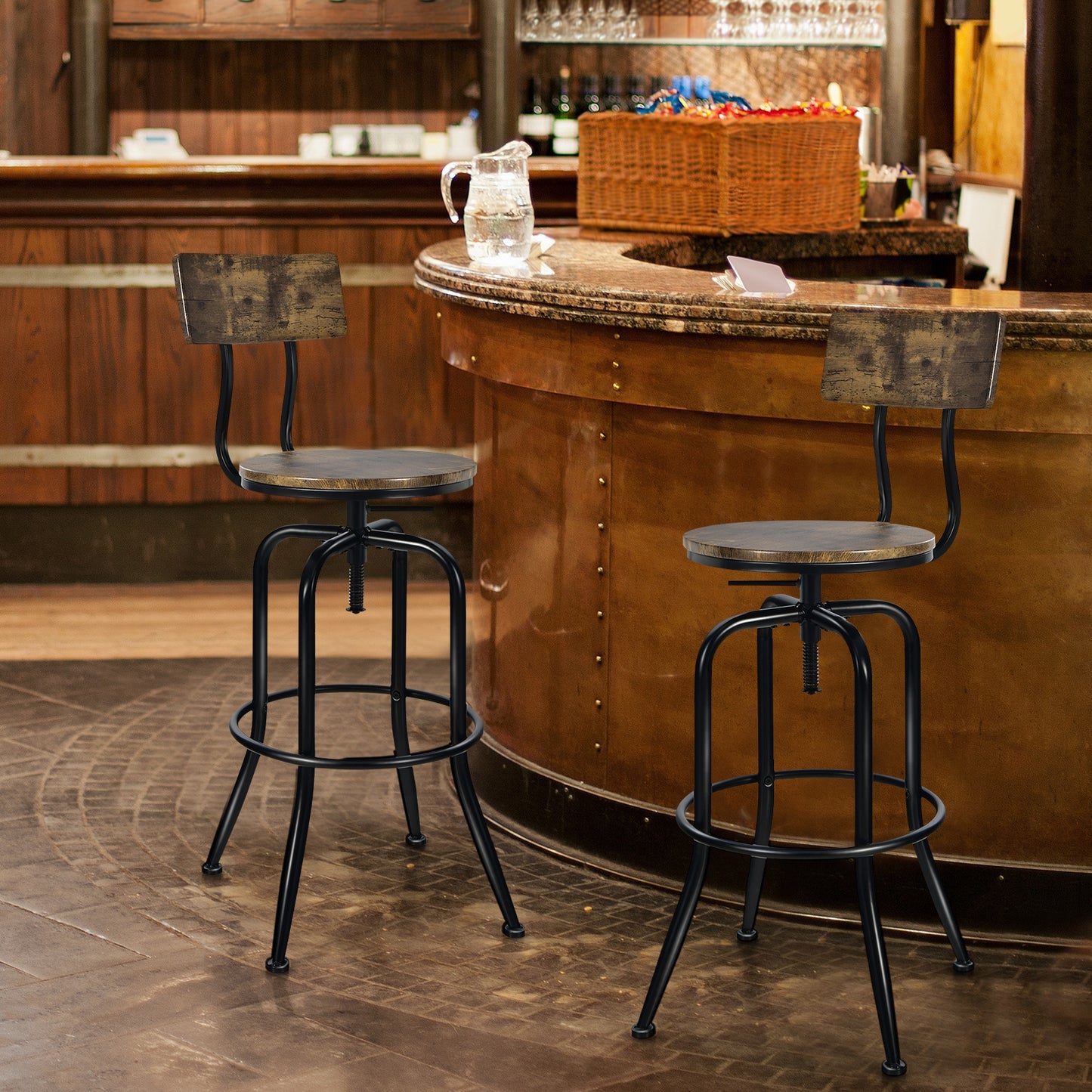 Set of 2 Swivel Adjustable Counter Stools with Ergonomic Arc Backrest