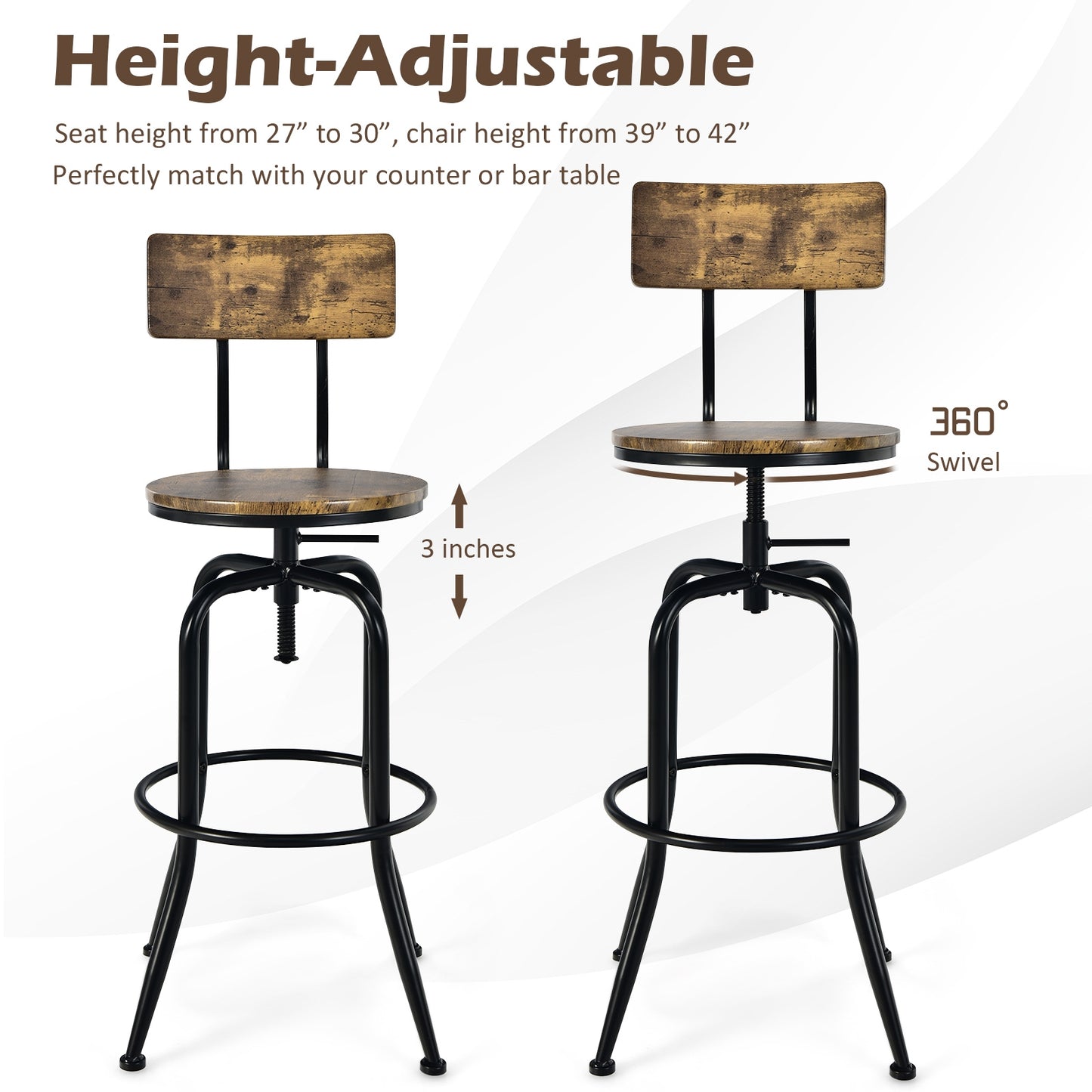 Set of 2 Swivel Adjustable Counter Stools with Ergonomic Arc Backrest