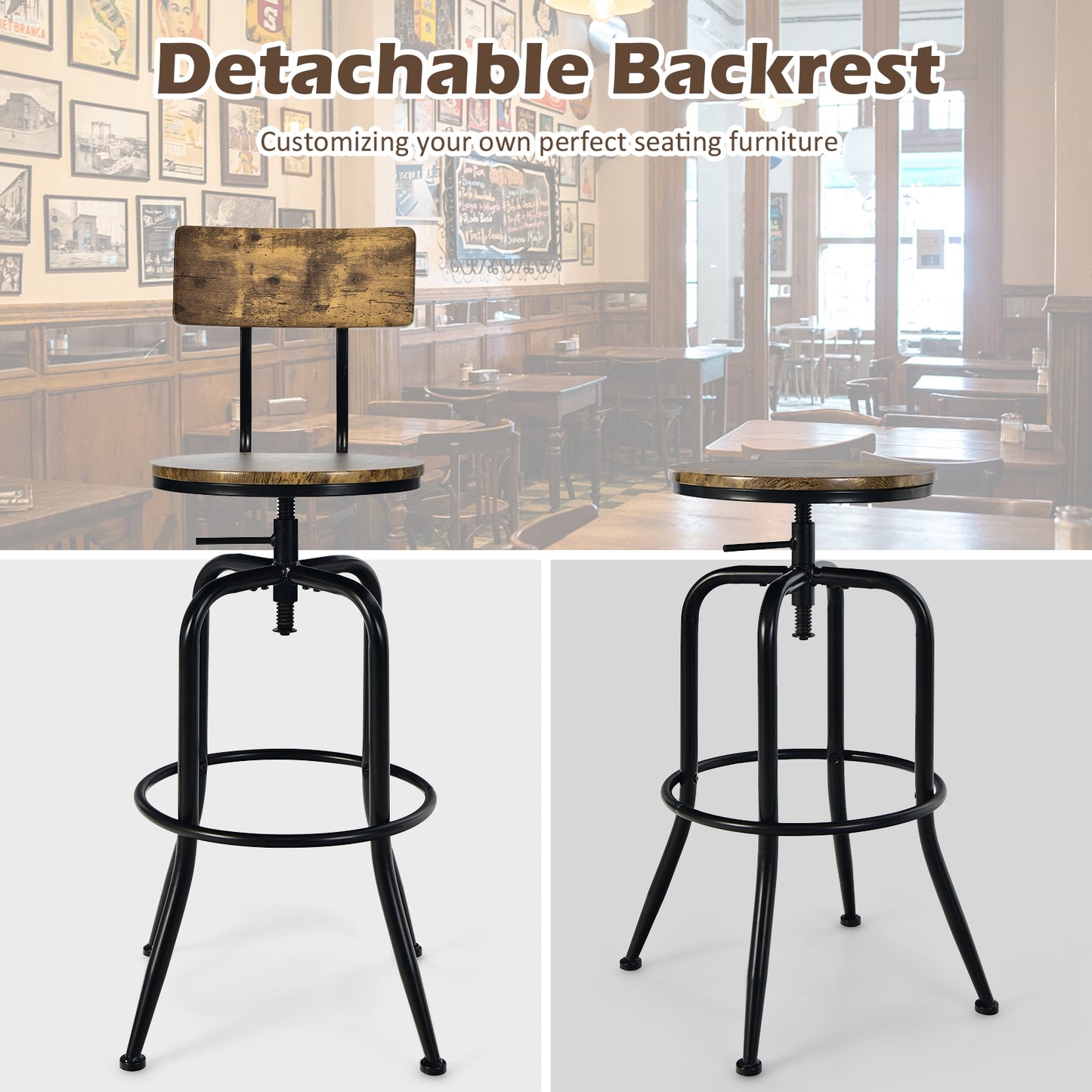 Set of 2 Swivel Adjustable Counter Stools with Ergonomic Arc Backrest