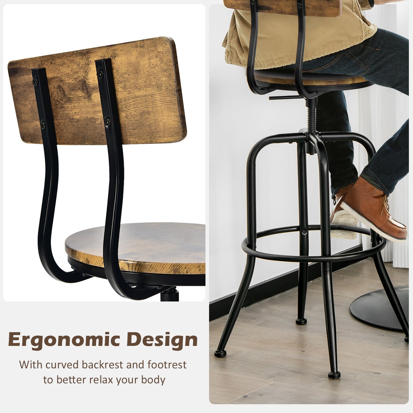 Set of 2 Swivel Adjustable Counter Stools with Ergonomic Arc Backrest