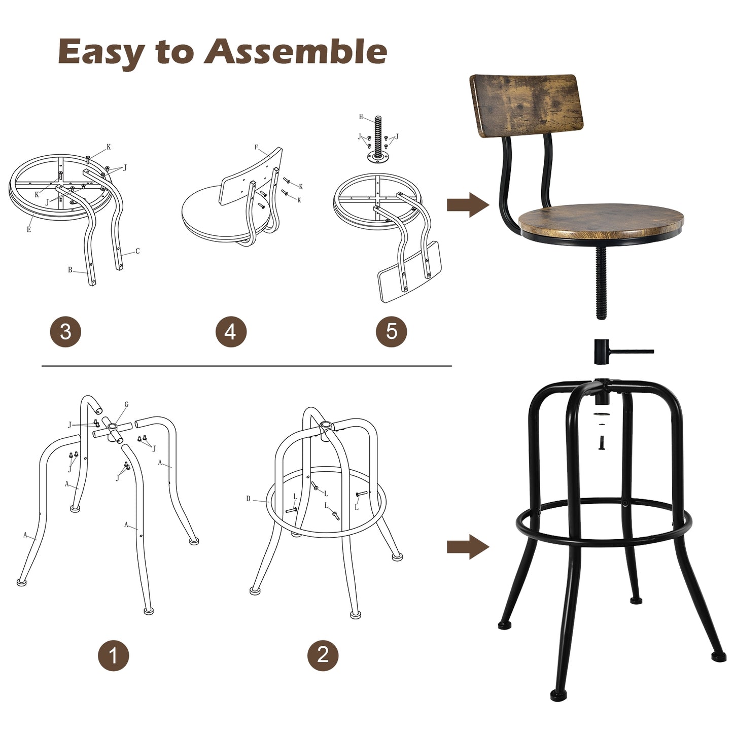 Set of 2 Swivel Adjustable Counter Stools with Ergonomic Arc Backrest