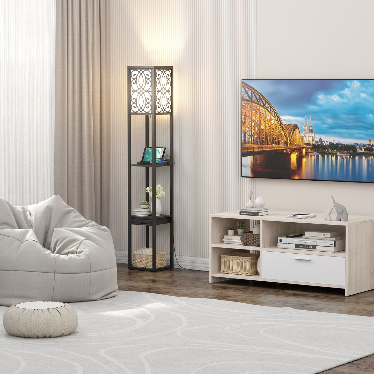 Modern Floor Lamp with Storage Shelves, Power Outlet & USB Charging Ports