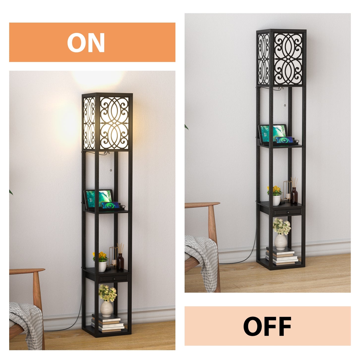 Modern Floor Lamp with Storage Shelves, Power Outlet & USB Charging Ports