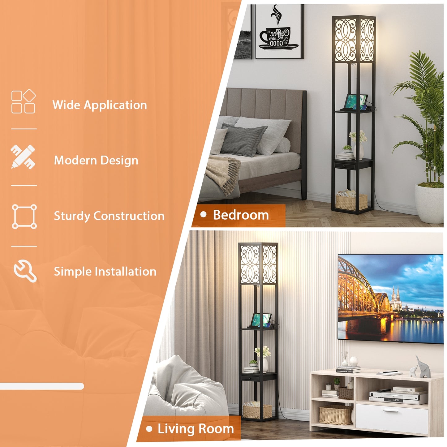 Modern Floor Lamp with Storage Shelves, Power Outlet & USB Charging Ports